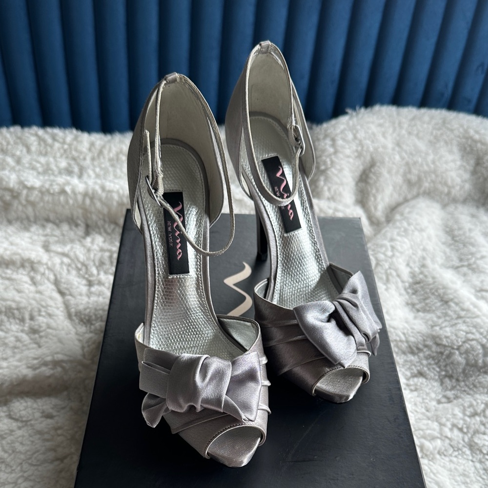 Nina Electra Silver Satin Peep-Toe Heels with Bow Accent